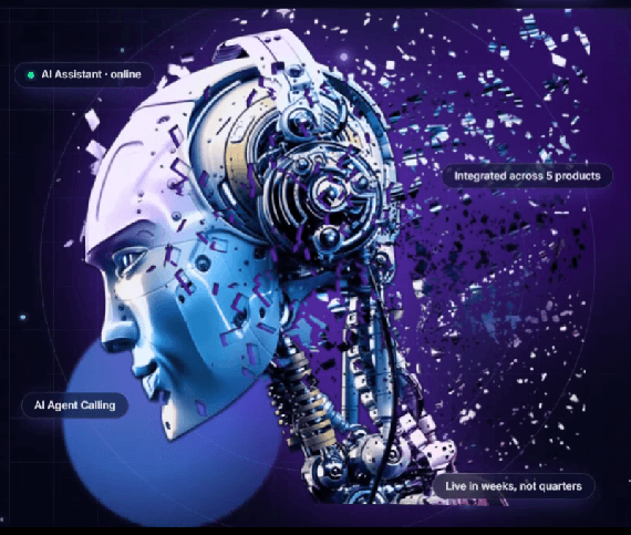 Robotic head dissolving into digital fragments, labelled AI Assistant online, Integrated across 5 products, AI Agent Calling, and Live in weeks, not quarters